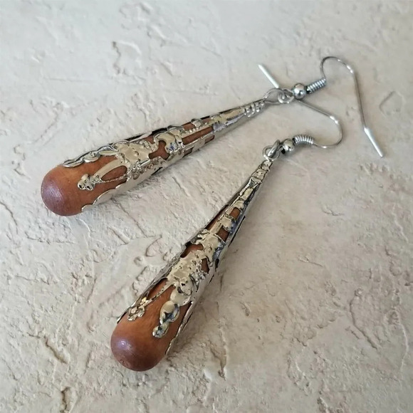 Hand Crafted Jewelry - Hand Crafted Victorian Style Brown Wood Silver Filigree Teardrop Earrings